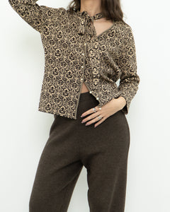 Modern x Brown, Beige Patterned Pearl Beaded Top (S-L)