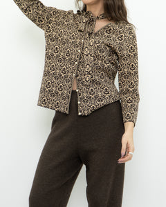 Modern x Brown, Beige Patterned Pearl Beaded Top (S-L)