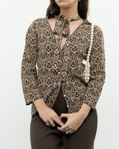 Modern x Brown, Beige Patterned Pearl Beaded Top (S-L)