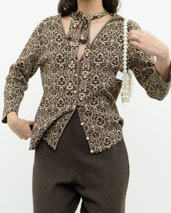 Modern x Brown, Beige Patterned Pearl Beaded Top (S-L)