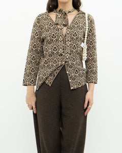 Modern x Brown, Beige Patterned Pearl Beaded Top (S-L)