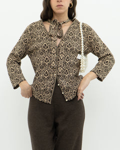 Modern x Brown, Beige Patterned Pearl Beaded Top (S-L)