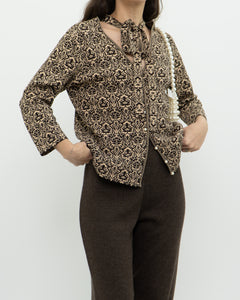 Modern x Brown, Beige Patterned Pearl Beaded Top (S-L)