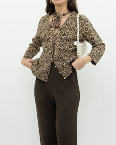 Modern x Brown, Beige Patterned Pearl Beaded Top (S-L)