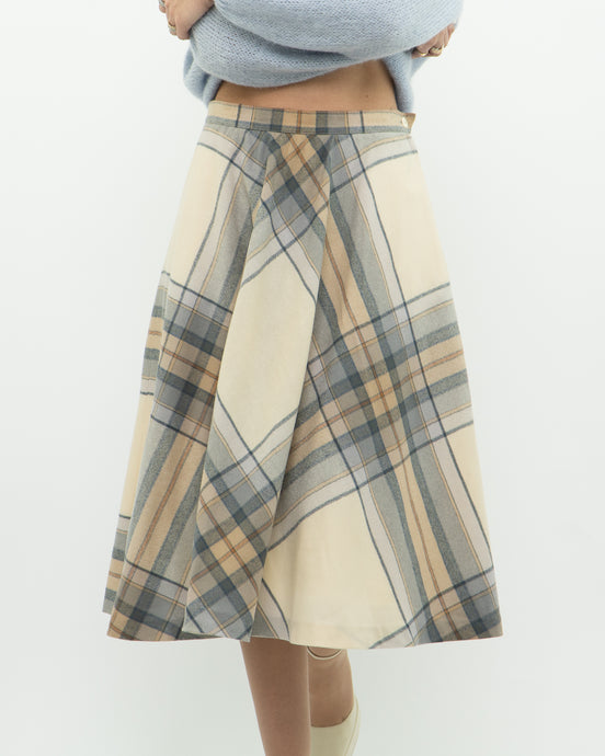 Vintage x Made in Germany x MONDI Beige, Blue Plaid Pure Wool Skirt (XS)