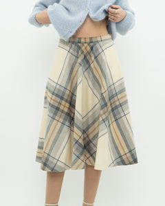 Vintage x Made in Germany x MONDI Beige, Blue Plaid Pure Wool Skirt (XS)