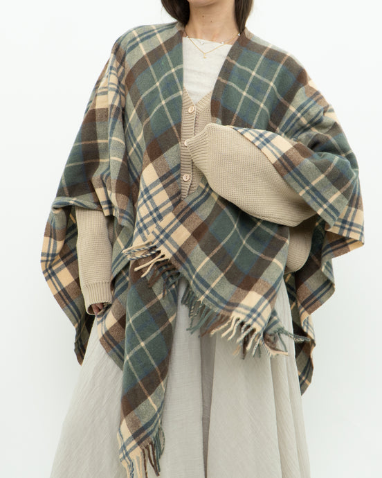 Vintage x Made in Scotland x Beige, Blue Plaid Pure Wool Shawl (Free Size)