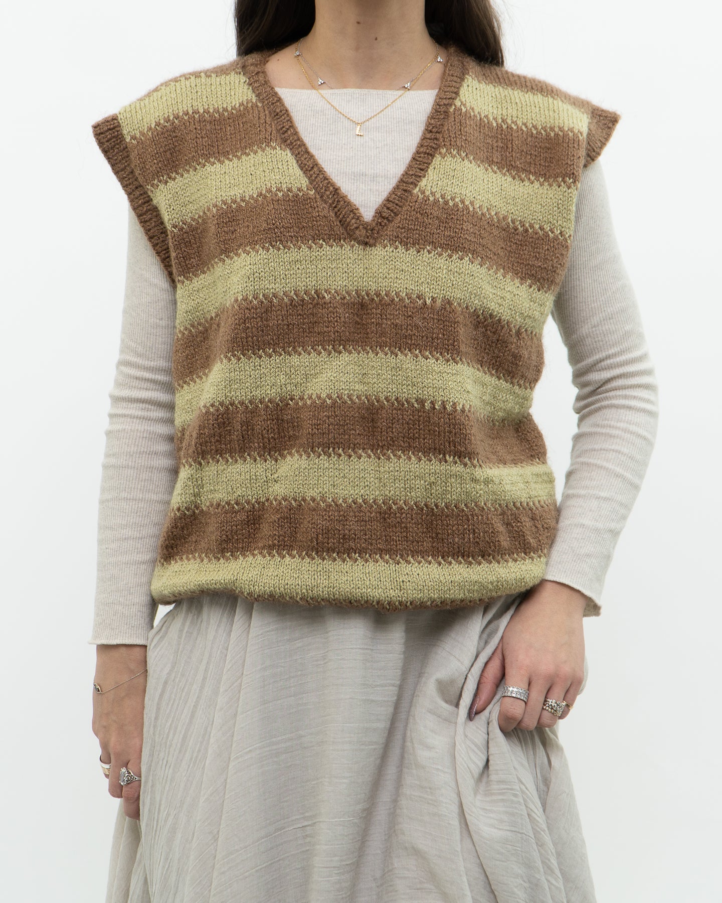 Vintage x Green, Brown Handmade Striped Knit Vest (M, L)