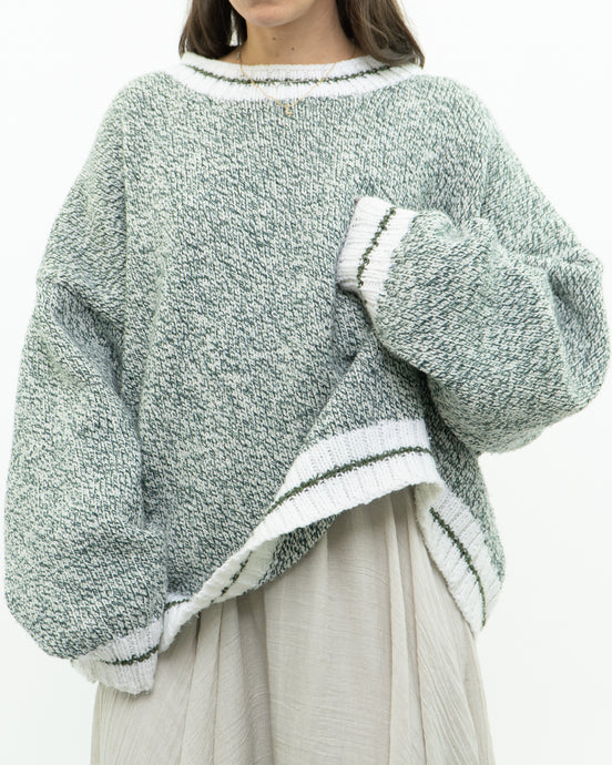 Vintage x Handmade Heathered Green, White Oversized Knit Sweater (XS-XXL)