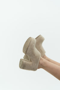 CHARLES + KEITH x Beige Fuzzy Platform Mules (7, 7.5)