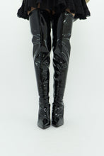 Load image into Gallery viewer, Knee High Black Patent Heeled Boots (7, 7.5)