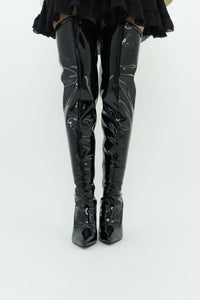 Knee High Black Patent Heeled Boots (7, 7.5)