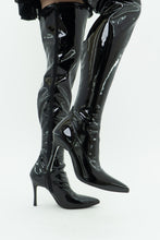 Load image into Gallery viewer, Knee High Black Patent Heeled Boots (7, 7.5)