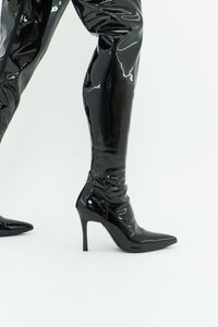 Knee High Black Patent Heeled Boots (7, 7.5)