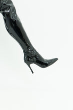 Load image into Gallery viewer, Knee High Black Patent Heeled Boots (7, 7.5)