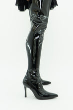 Load image into Gallery viewer, Knee High Black Patent Heeled Boots (7, 7.5)