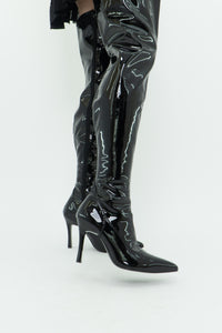 Knee High Black Patent Heeled Boots (7, 7.5)