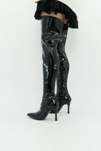 Load image into Gallery viewer, Knee High Black Patent Heeled Boots (7, 7.5)