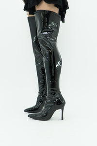 Knee High Black Patent Heeled Boots (7, 7.5)