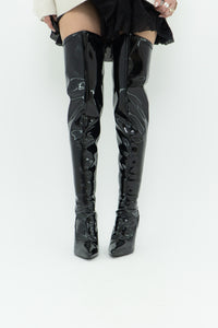 Knee High Black Patent Heeled Boots (7, 7.5)