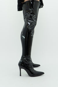 Knee High Black Patent Heeled Boots (7, 7.5)