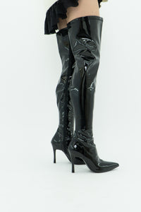 Knee High Black Patent Heeled Boots (7, 7.5)