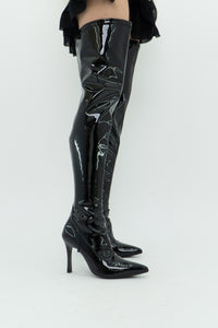 Knee High Black Patent Heeled Boots (7, 7.5)