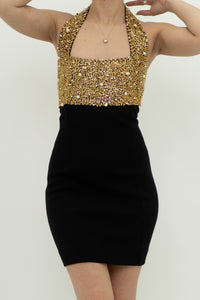 Vintage x Gold Sequin & Pearl Black Knit Dress (S)