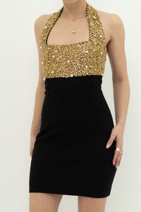 Vintage x Gold Sequin & Pearl Black Knit Dress (S)