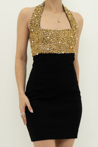 Vintage x Gold Sequin & Pearl Black Knit Dress (S)