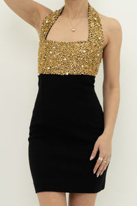 Vintage x Gold Sequin & Pearl Black Knit Dress (S)