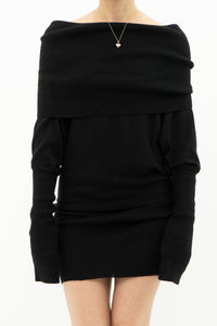 Vintage x Knit Black Off-Shoulder Dress (L)