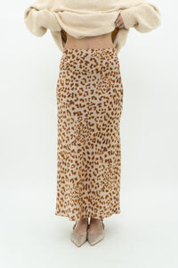 FREE PEOPLE x Nude Leopard Satin Midi Skirt (XS, S)