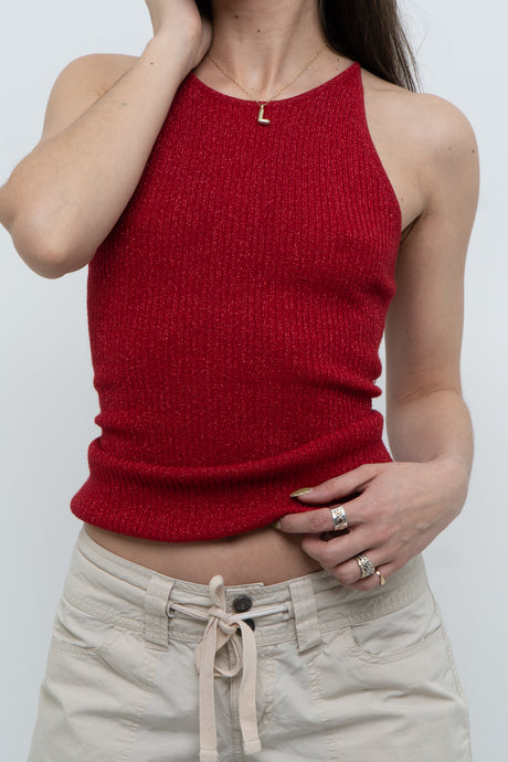 Vintage x SMART SET Red Shimmer Ribbed Knit Tank (S, M)