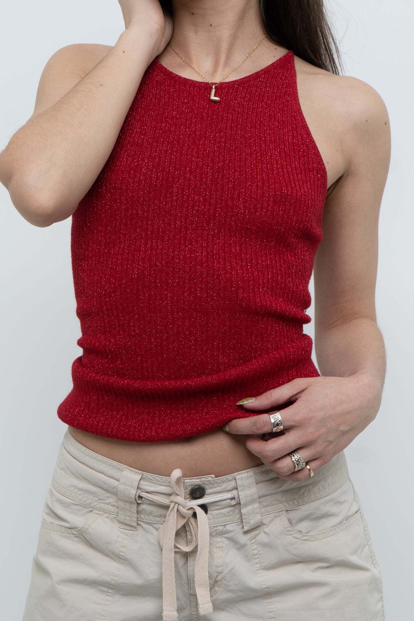 Vintage x SMART SET Red Shimmer Ribbed Knit Tank (S, M)