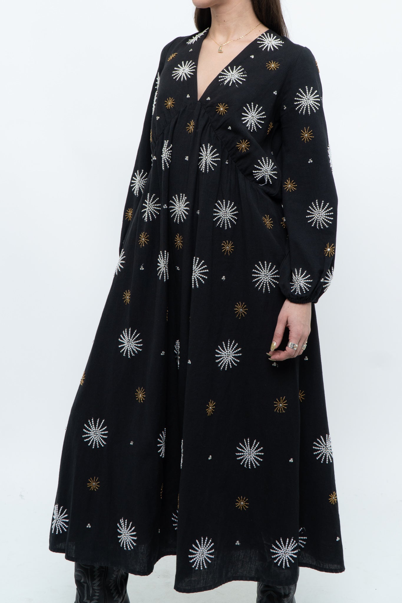 SUNDRESS x Black Silver, Gold Beaded Maxi Dress (XS-M)