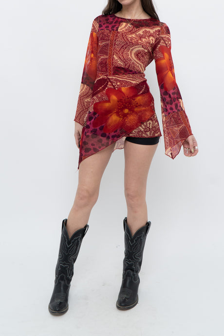 Vintage x Red Patterned Mesh Dress/Top (S, M)