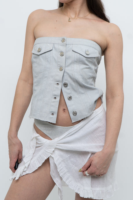 ZARA x Metallic Light Denim Strapless Top (M)