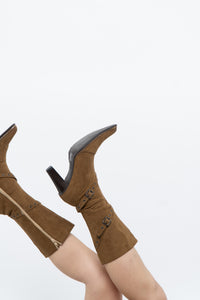Vintage x Tan Faux Suede Belted Boots (7)