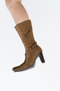 Vintage x Tan Faux Suede Belted Boots (7)