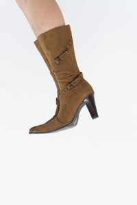Vintage x Tan Faux Suede Belted Boots (7)