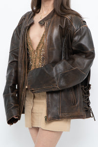 Vintage x LIMITED Distressed Brown Leather Biker Jacket (M-XL)
