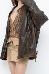 Vintage x LIMITED Distressed Brown Leather Biker Jacket (M-XL)