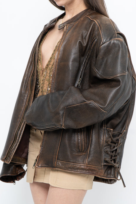 Vintage x LIMITED Distressed Brown Leather Biker Jacket (M-XL)
