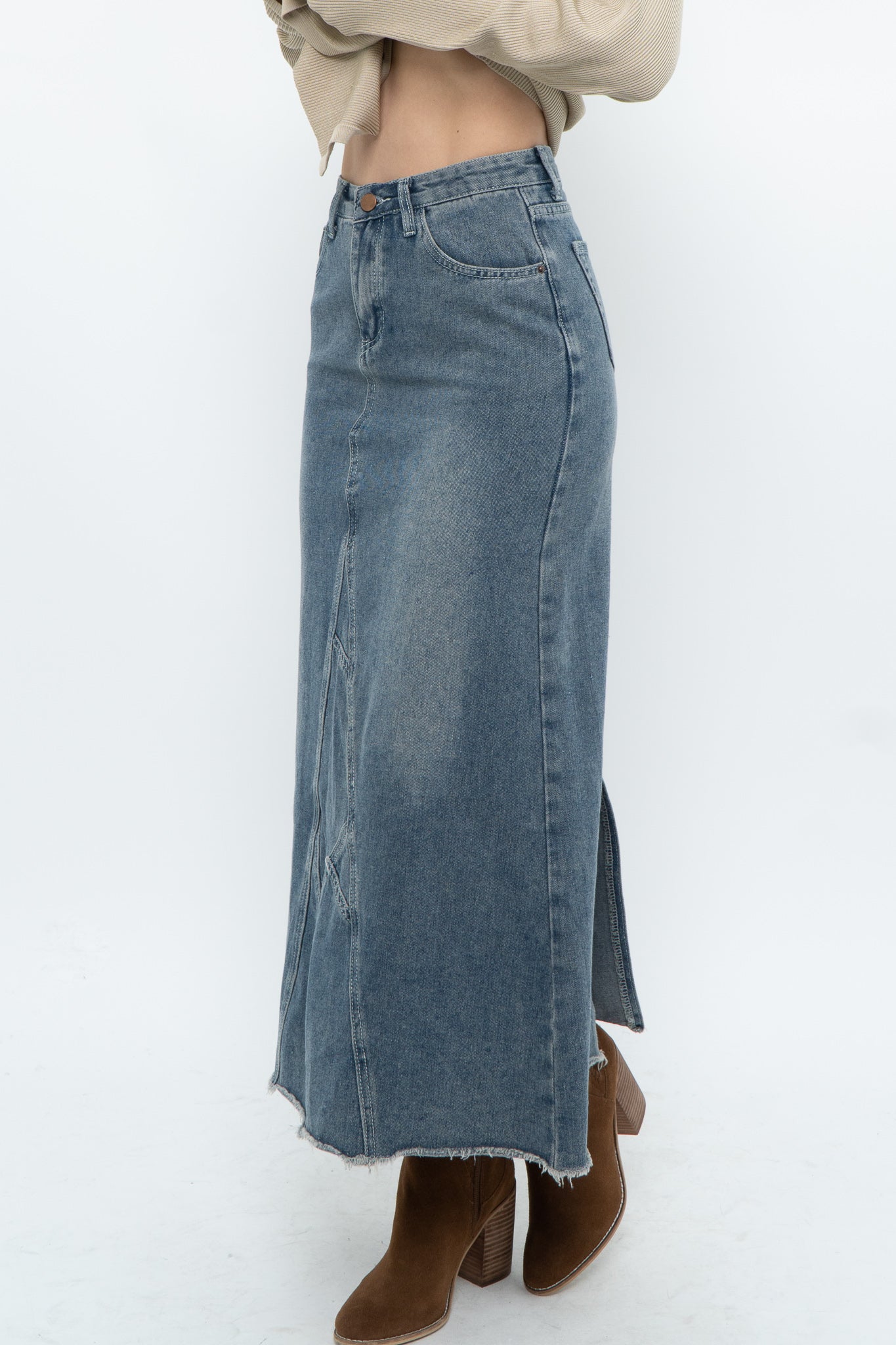 Modern x Midwash Panelled Fray Denim Maxi Skirt (XXS, XS)