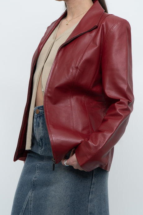 Vintage x Burgundy Leather Fitted Jacket (XS, S)
