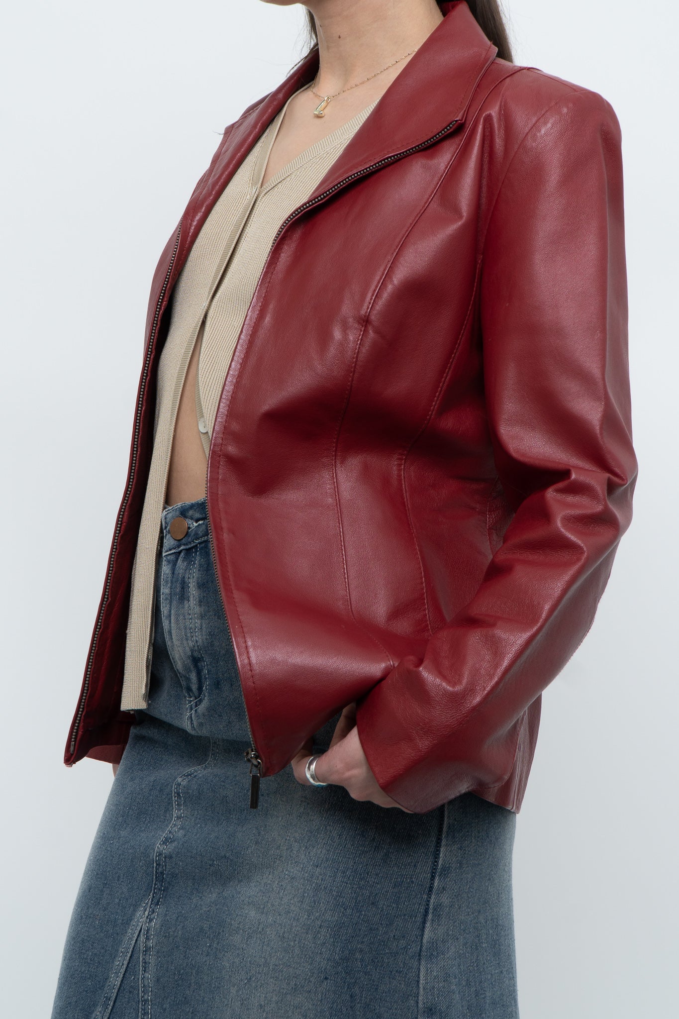 Vintage x Burgundy Leather Fitted Jacket (XS, S)