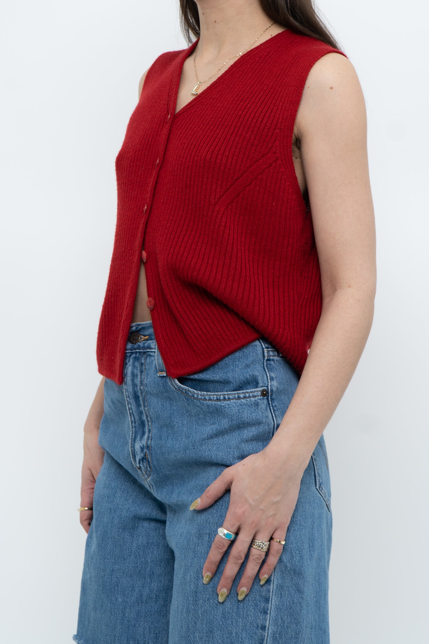 Vintage x JESSICA Red Ribbed Knit Buttoned Vest (S-L)
