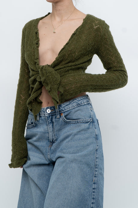Vintage x Green Knit Eyelet Front-tie Sweater (S, M)