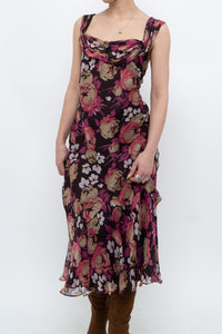 Vintage x Dark Brown Floral Pure Silk Dress (M)